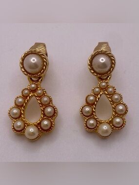 Vintage GoldTone Faux Pearl Teardrop Dangle Earrings